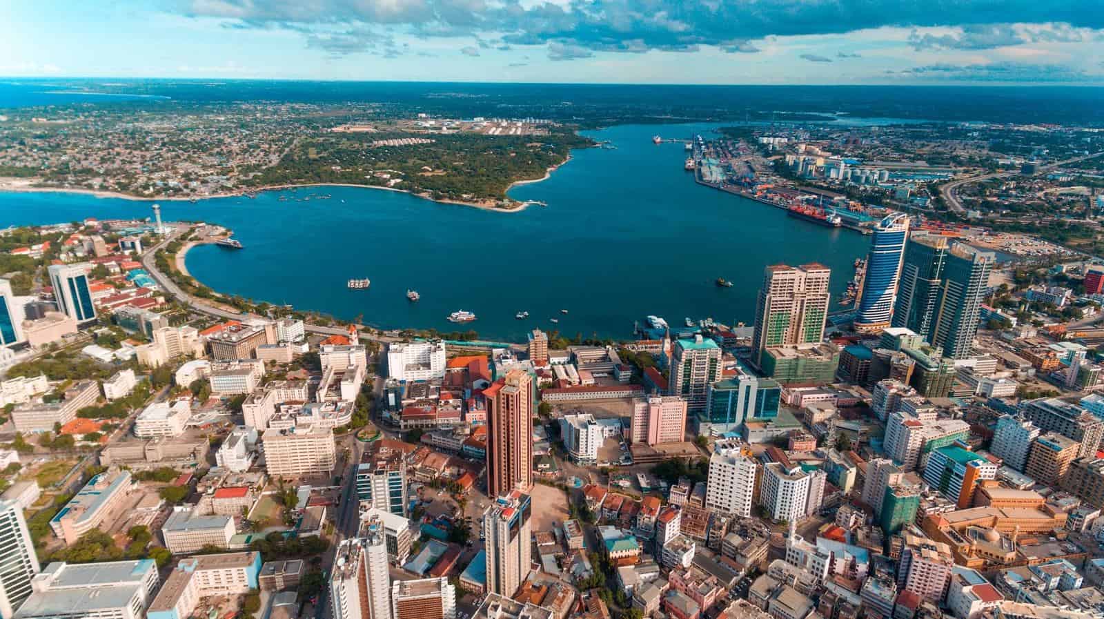 Aerial view of Dar es Salaam, Tanzania, its harbour and skyline along the Indian Ocean