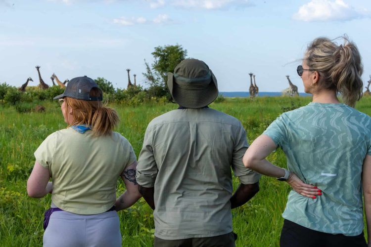 Walking safari with the giraffes in Murchison Falls National Park (Photo Credit: Simon Reeve)