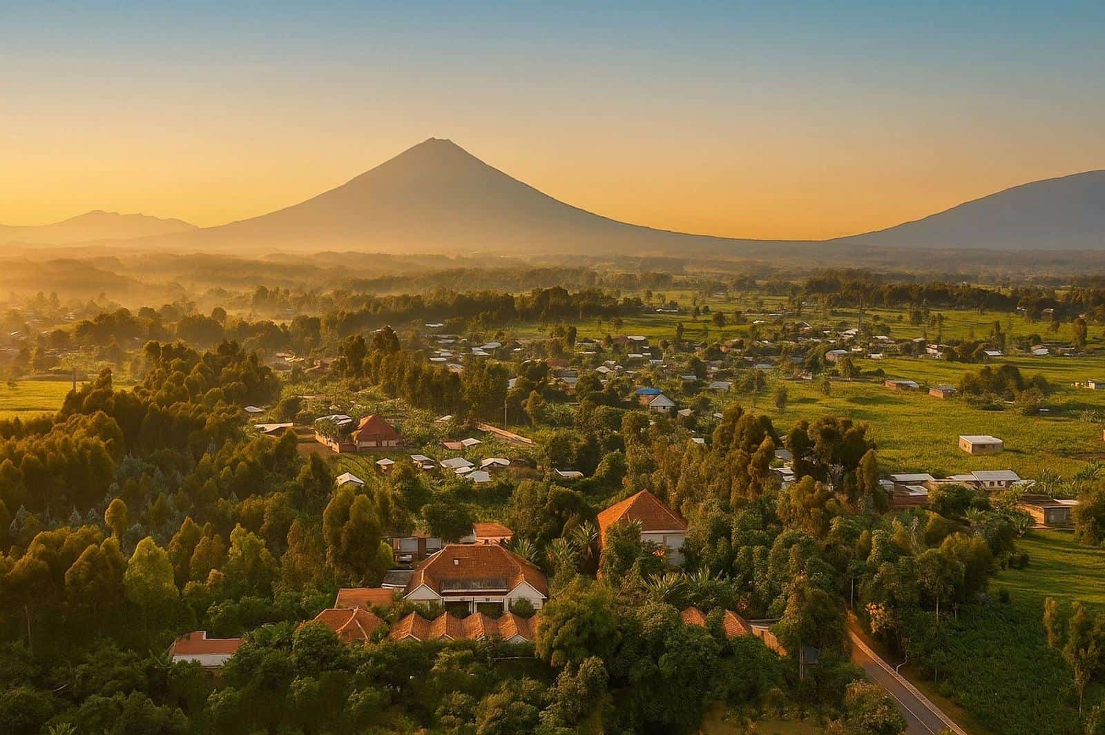 Misty volcano views over Musanze from the Five Volcanoes Boutique Hotel