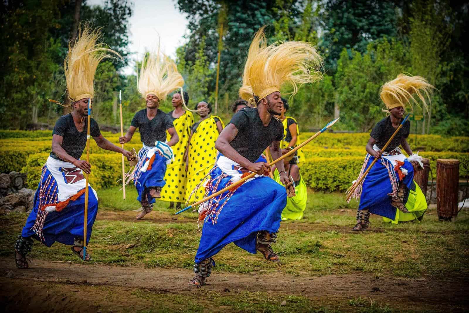 Intore dancers performing at the Iby' Iwachu Cultural Village in Kinigi, Rwanda