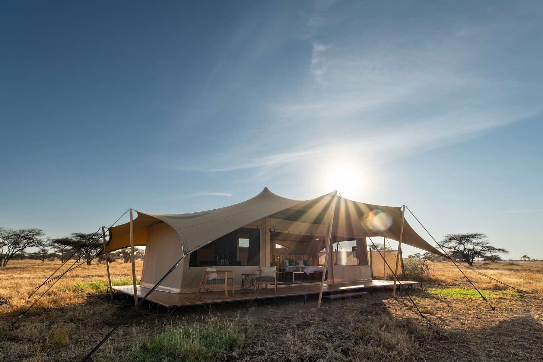 A guest tent at Serengeti Plains Camp on the eastern plains at sunrise